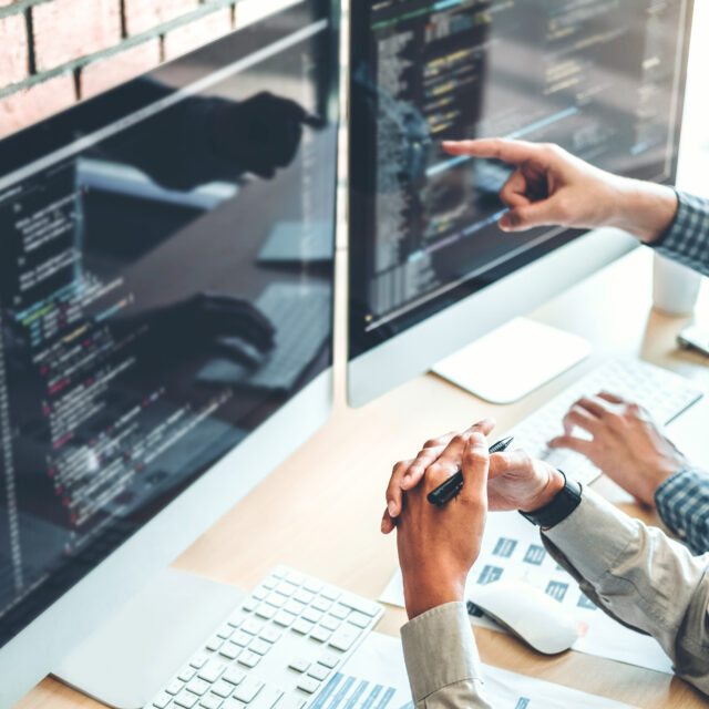 Developing programmer Team Development Website design and coding technologies working in software company office